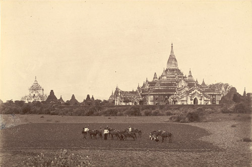 Burmese temple with people and horses