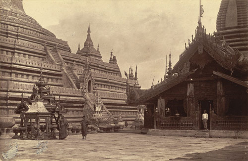 Base of Shwezigon Pagoda in black and white