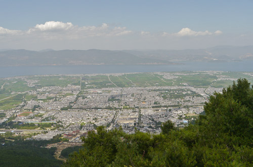 Distant view modern town and river